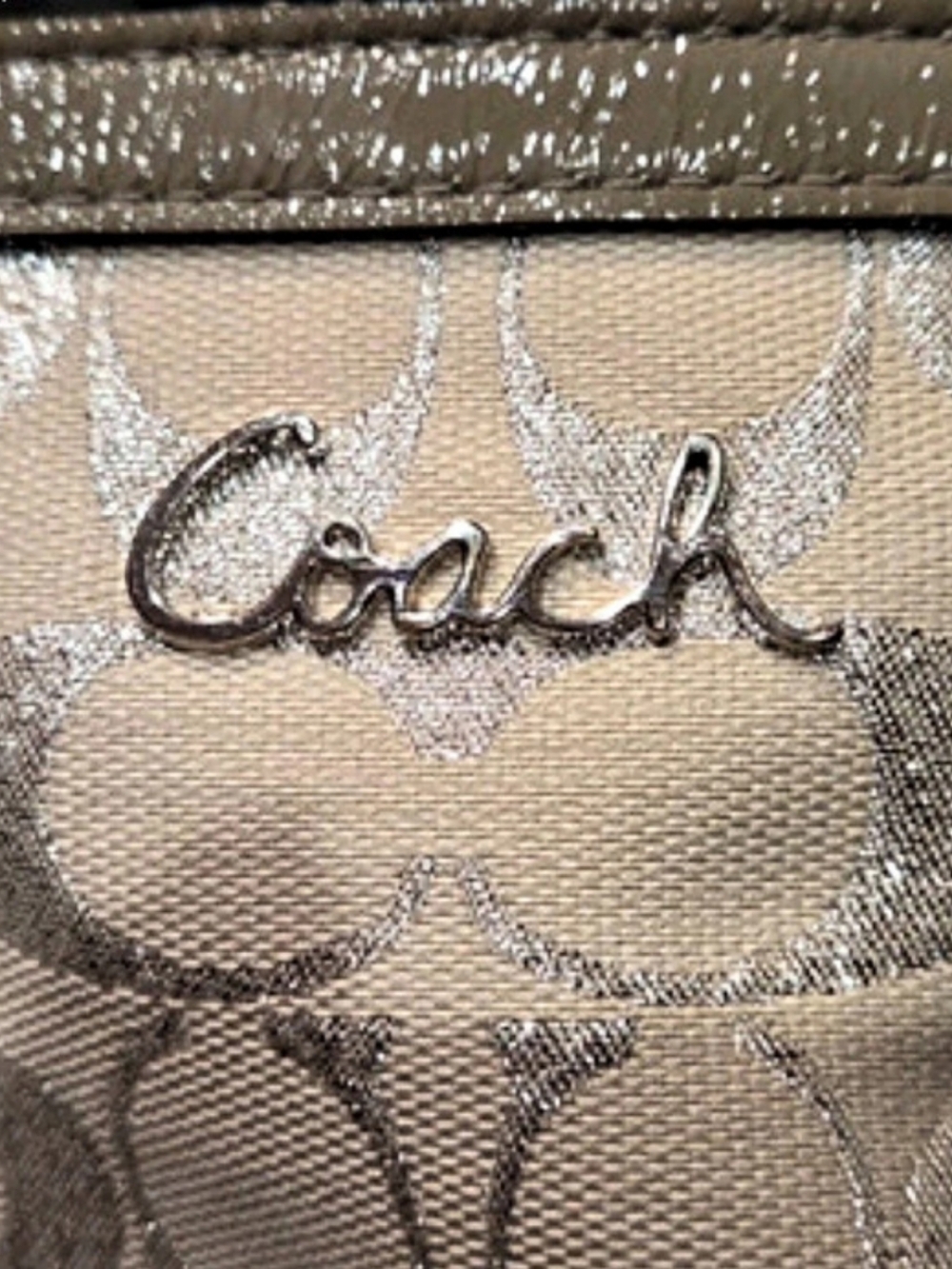 Coach Gallery Lurex Metallic Signature East West Tote Beige & Silver